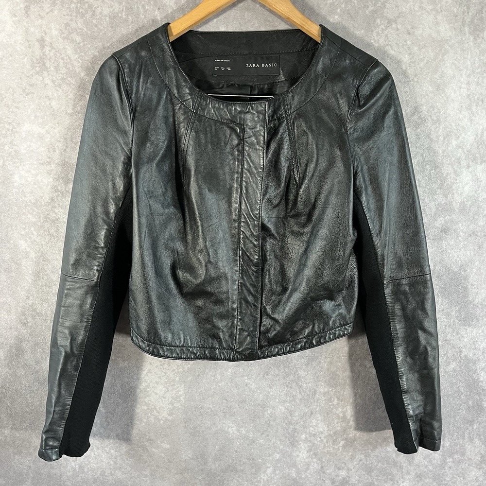 Zara Leather Jacket Womens Medium Black Collarless Biker Round Neck Zip Up Lined